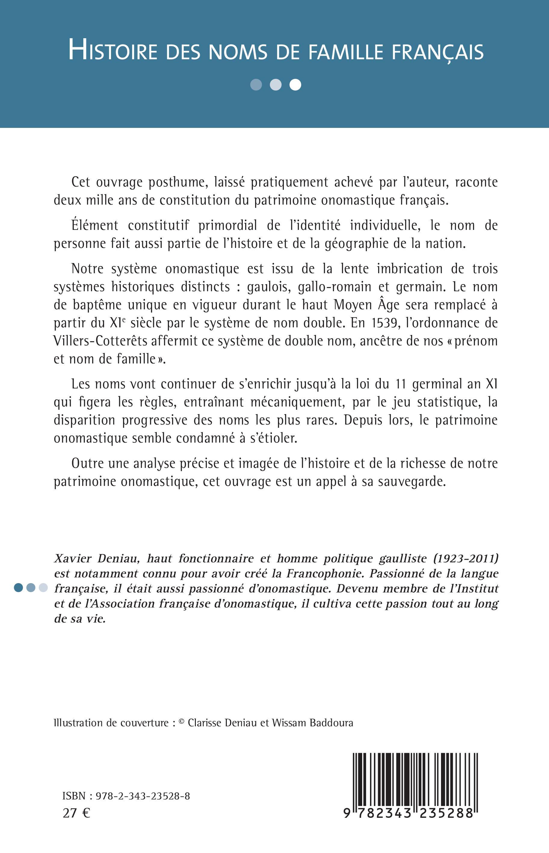 Histoire des noms de famille français - Xavier Deniau - L'HARMATTAN