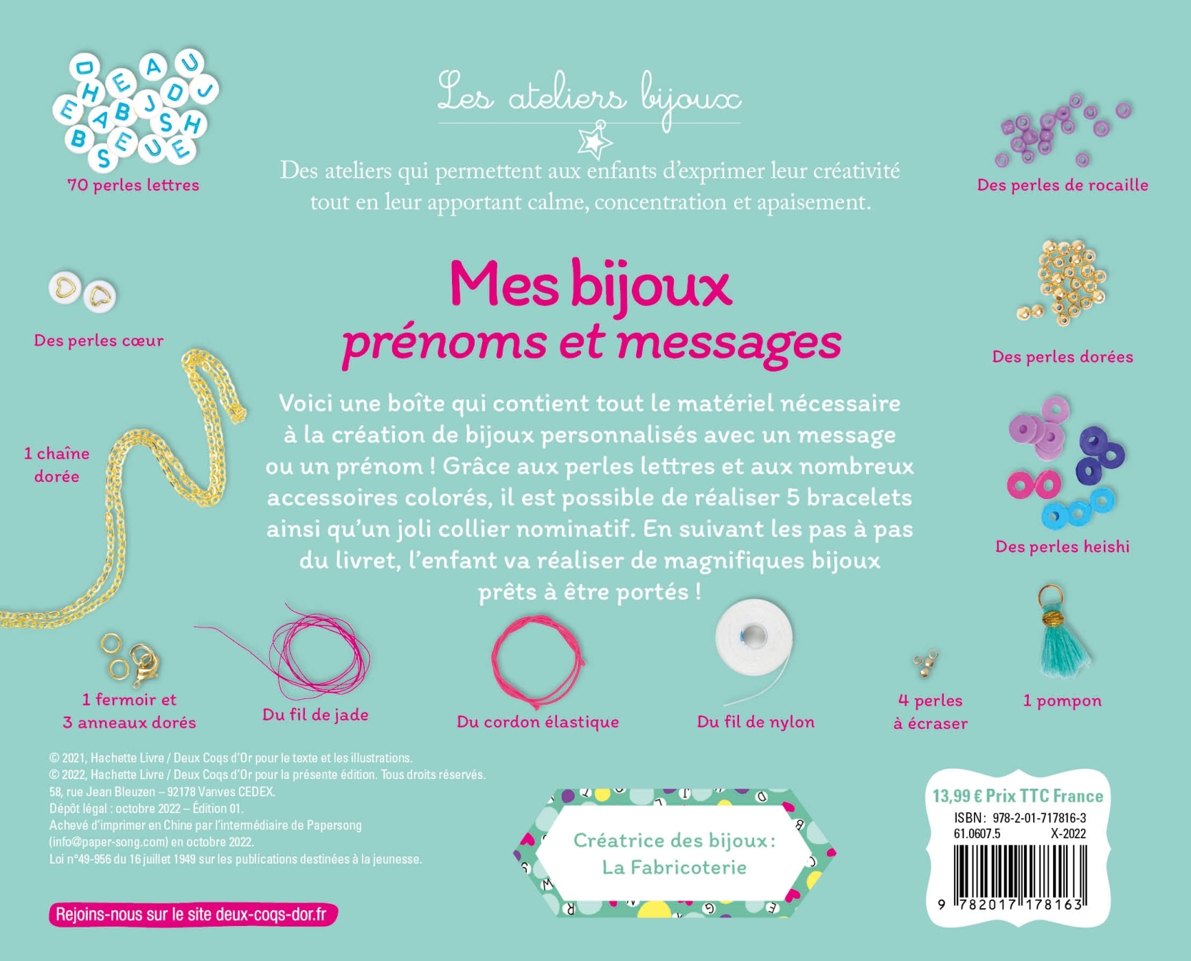 MES BIJOUX PRENOMS ET MESSAGES - COFFRET AVEC ACCESSOIRES -  la Fabricoterie - DEUX COQS D OR