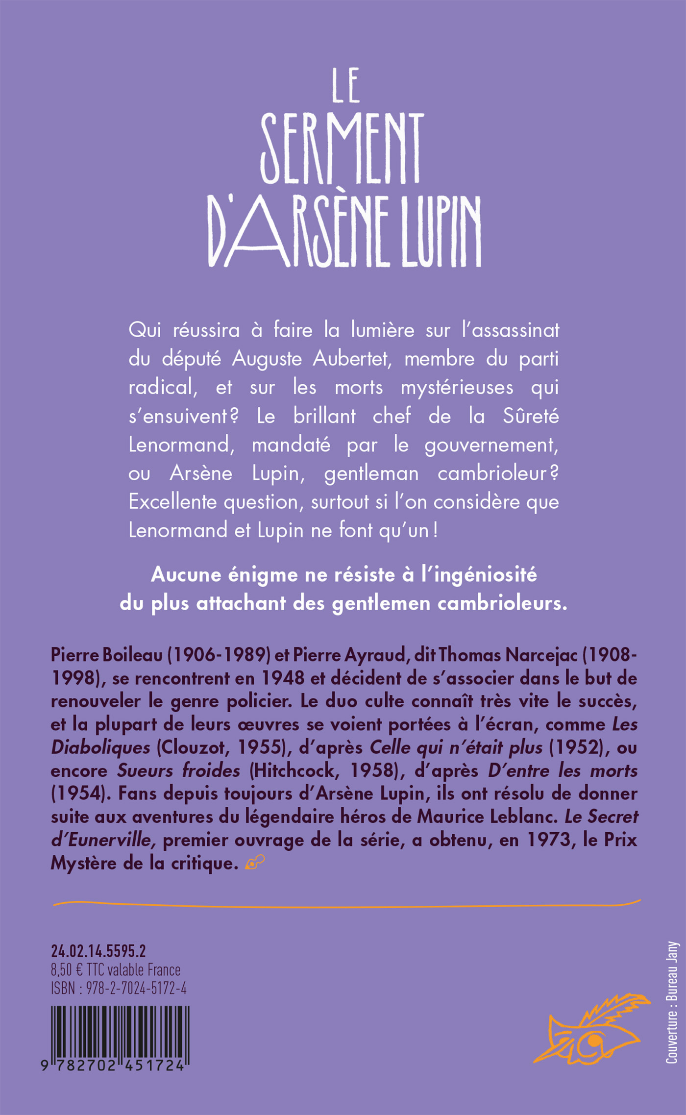 Le Serment d'Arsène Lupin -  Boileau-Narcejac - ED DU MASQUE