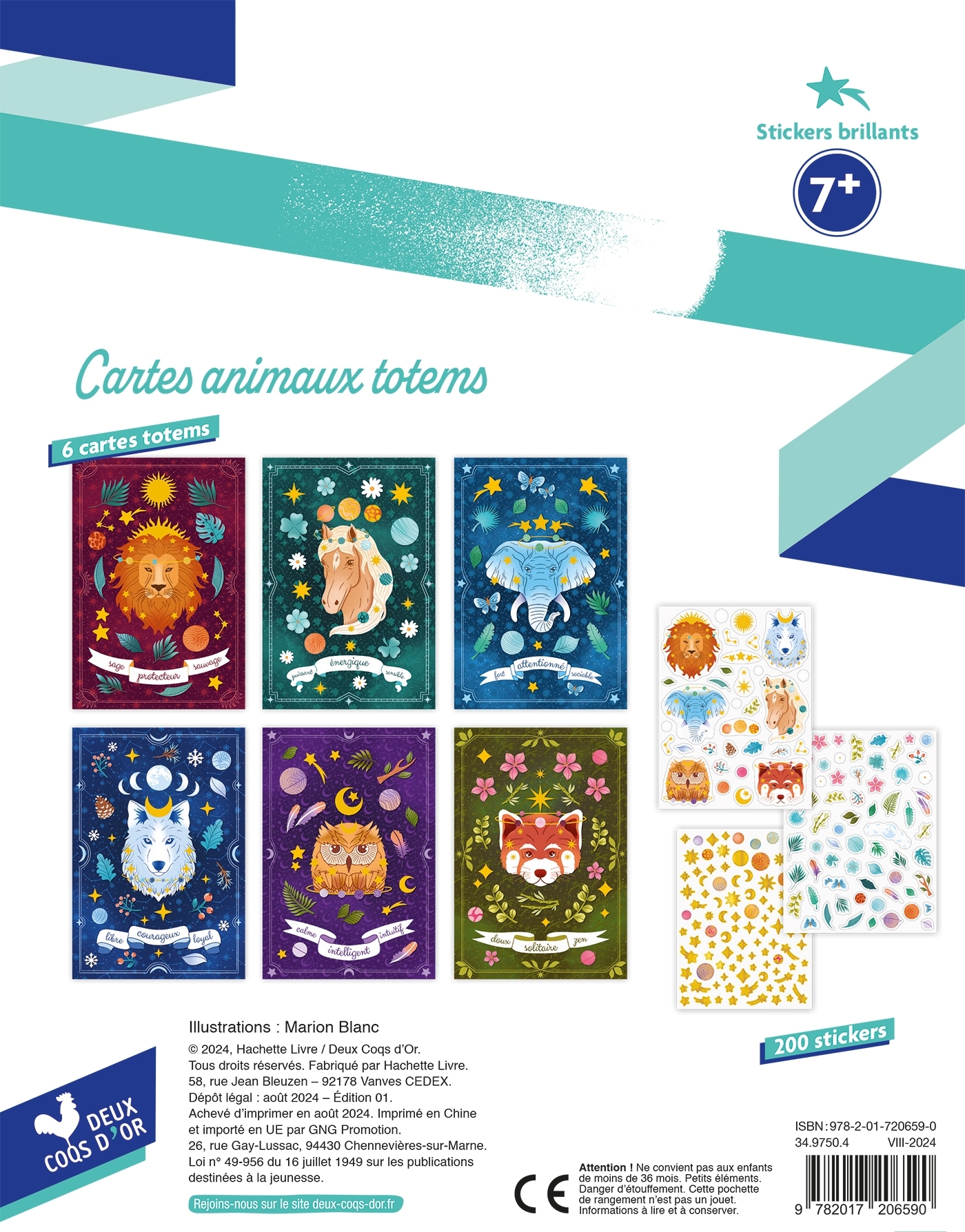 Les ateliers de Marion Blanc - Stickers brillants - Cartes animaux totem - pochette avec accessoires - Marion Blanc - DEUX COQS D OR