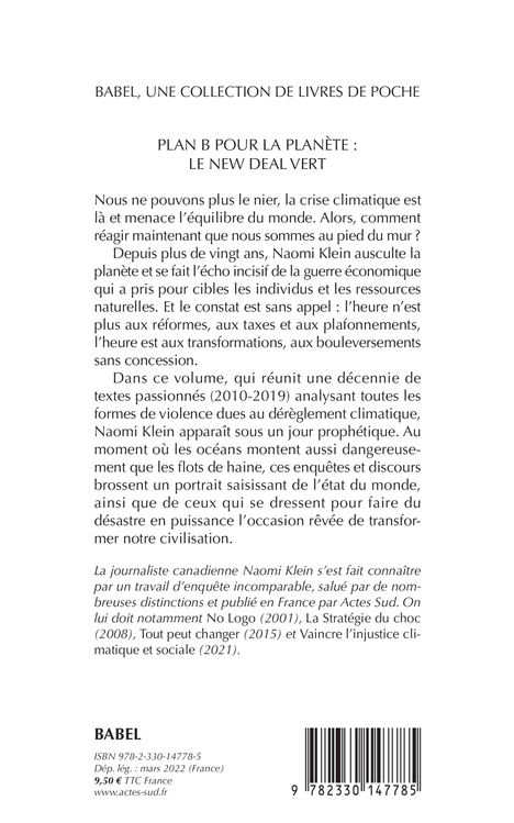 Plan B pour la planète : Le New Deal vert - Naomi Klein - ACTES SUD