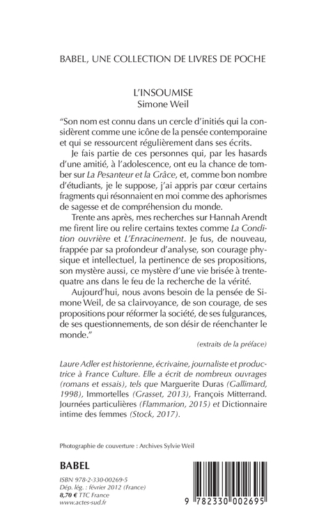 L'insoumise Simone Weil - Laure Adler - ACTES SUD