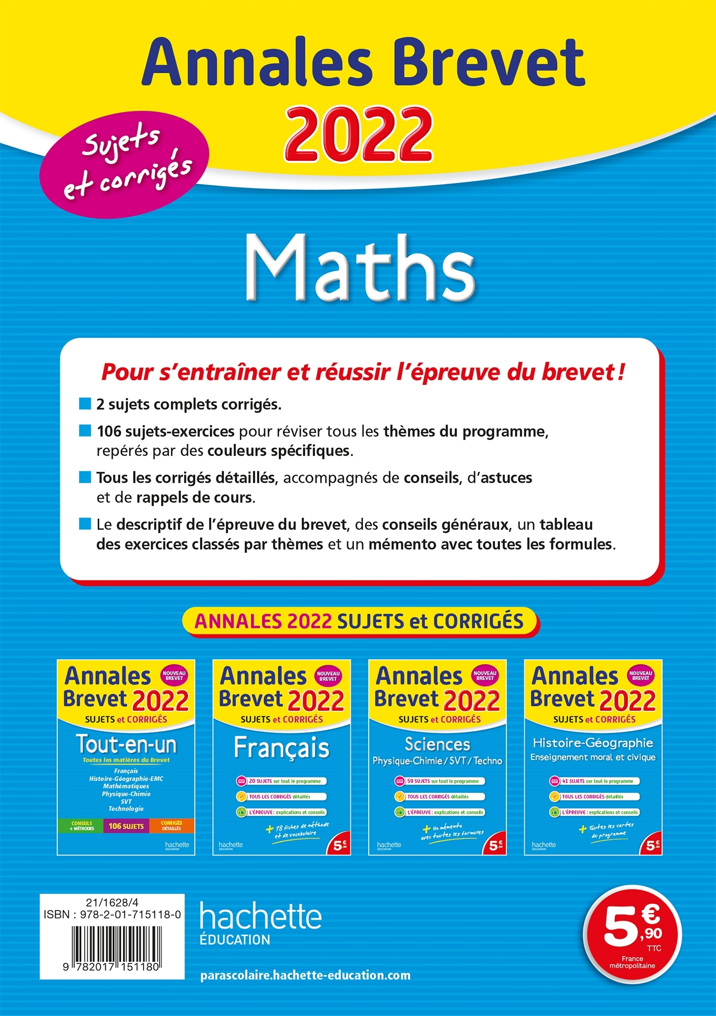 Annales BREVET 2022 Maths - Philippe Rousseau - HACHETTE EDUC