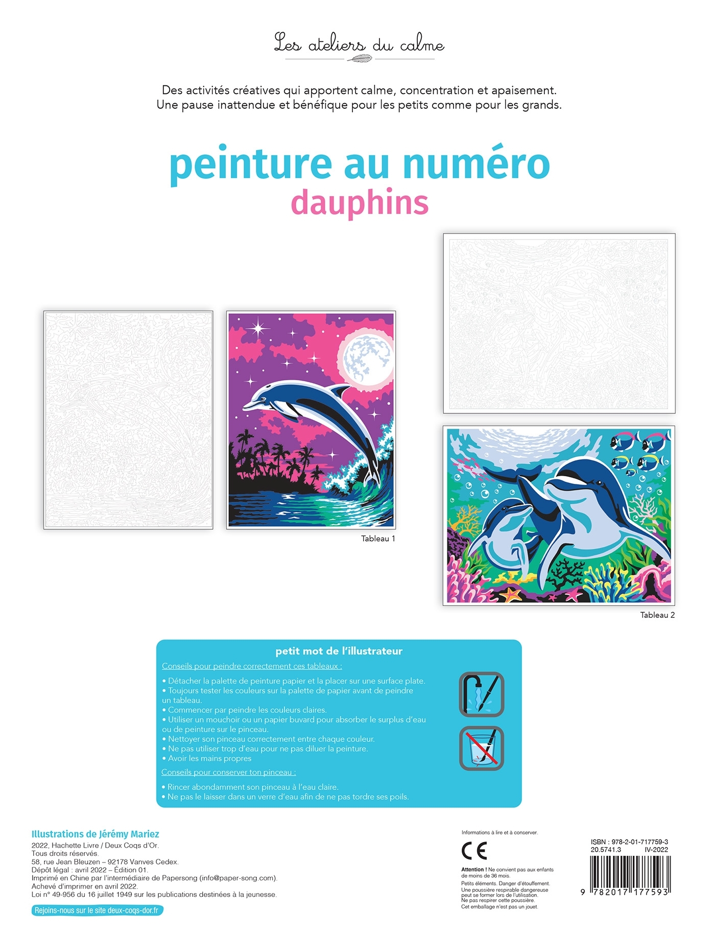 Peinture au numéro - dauphins - cahier avec palette et pinceau - Jérémy Mariez - DEUX COQS D OR